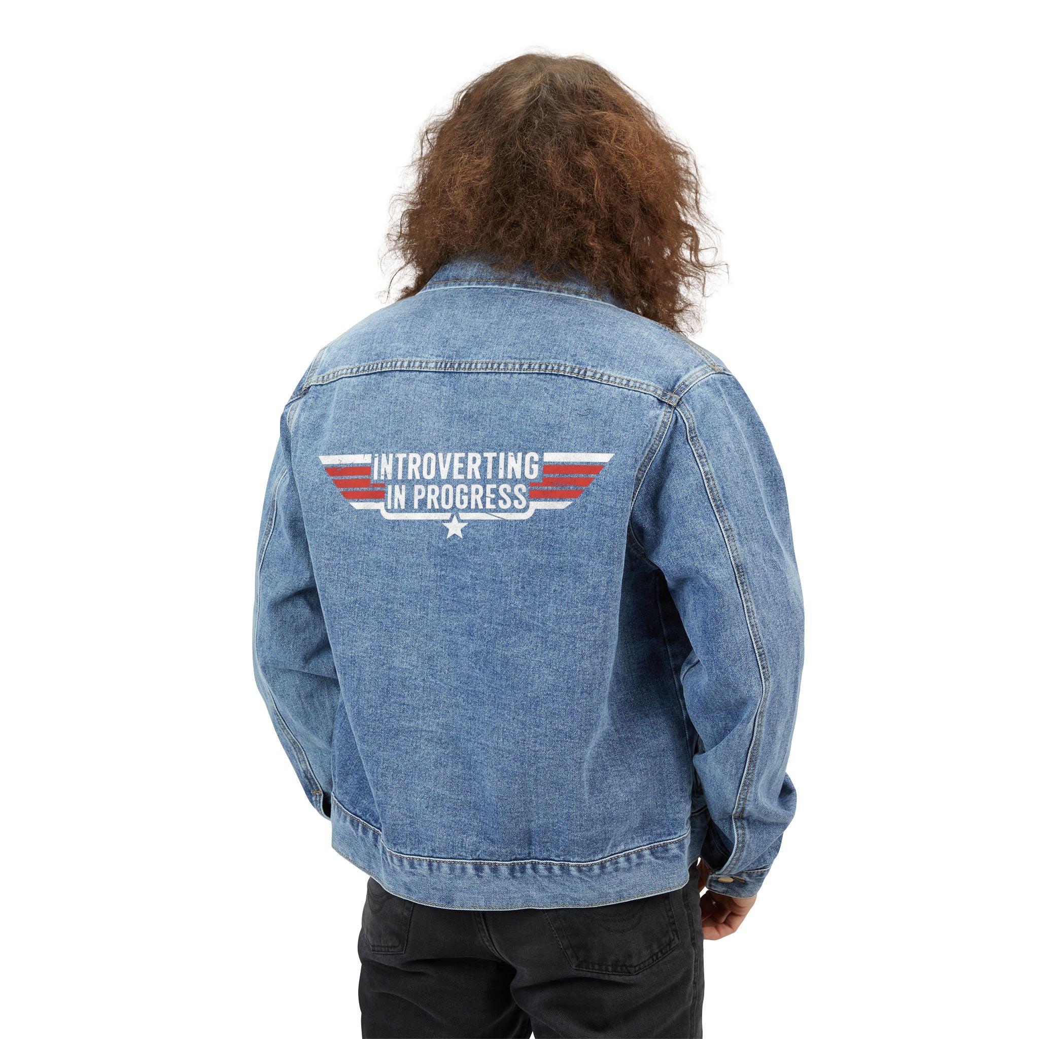 Denim Jacket — 'Introverting in Progress' Retro Wing Back Graphic
