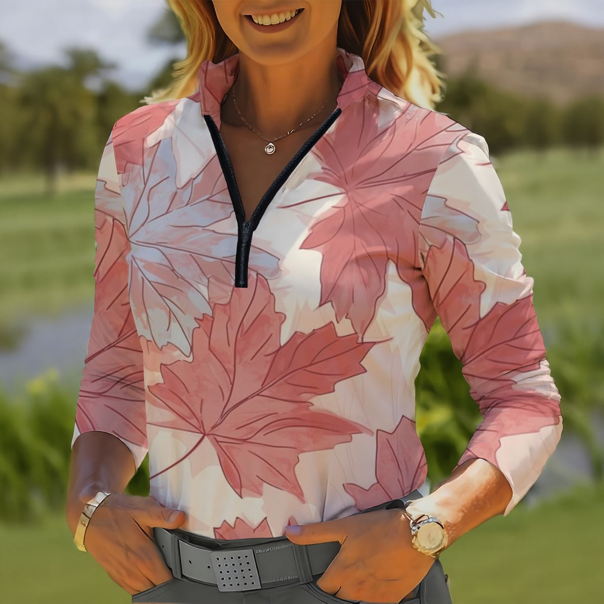 All-Over Print Women's Quarter Zip Sport Shirt With  Long Sleeve